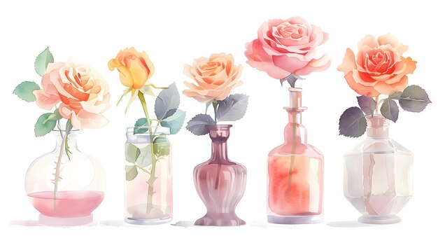 Photo un ensemble de roses à l'aquarelle dans des bouteilles en verre de couleur pêche