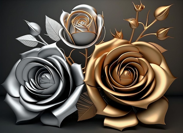 Un ensemble de roses avec des feuilles d'argent et d'or 3d papier peint mural floral Fleurs dorées et argentées