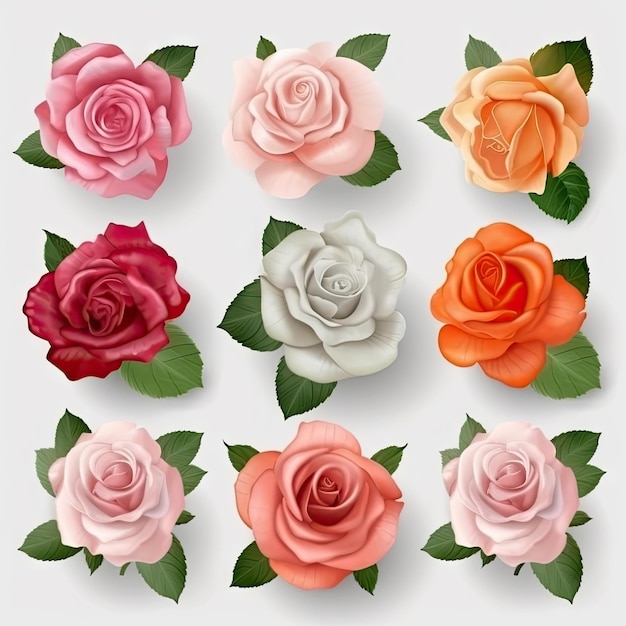 Ensemble de roses avec des feuilles sur fond blanc