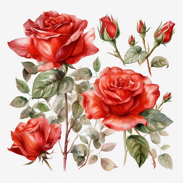 Ensemble de roses rouges aquarelles isolé sur fond blanc