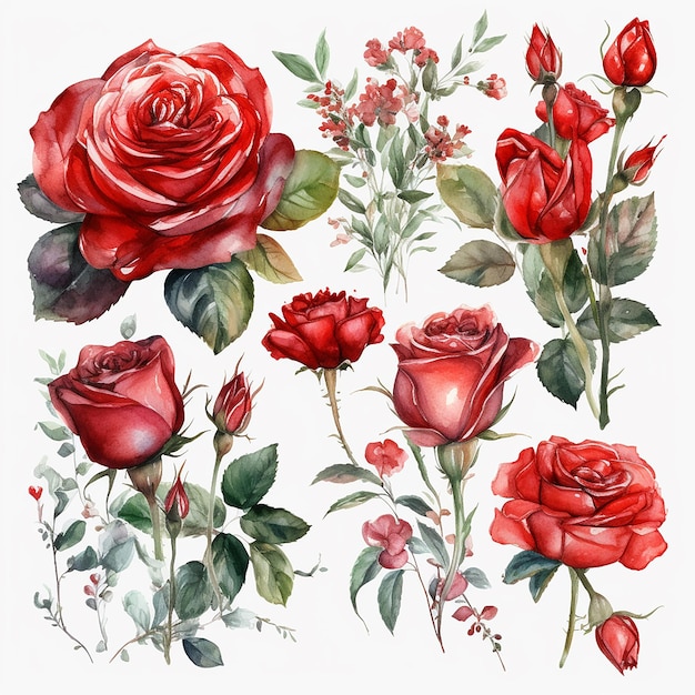 Ensemble de roses rouges aquarelles isolé sur fond blanc