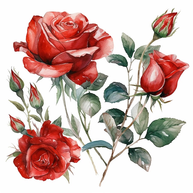 Ensemble de roses rouges aquarelles isolé sur fond blanc