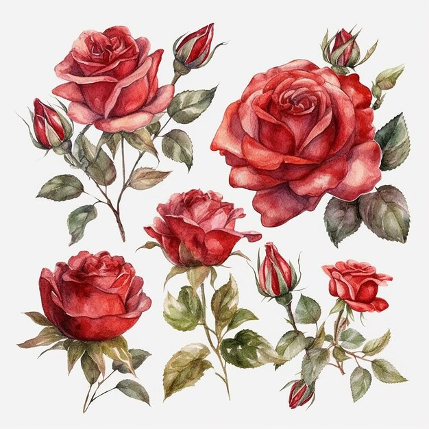 Ensemble de roses rouges aquarelles isolé sur fond blanc