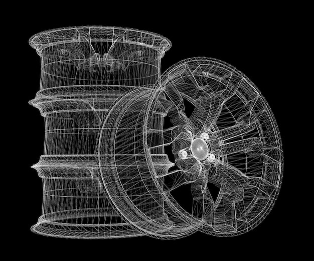 Ensemble de roues de voiture isolées, structure de carrosserie, modèle de fil