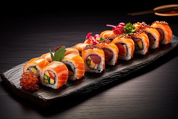 Ensemble de rouleaux de sushi et de sashimi Menu de sushi Cuisine japonaise Illustration de l'IA générative
