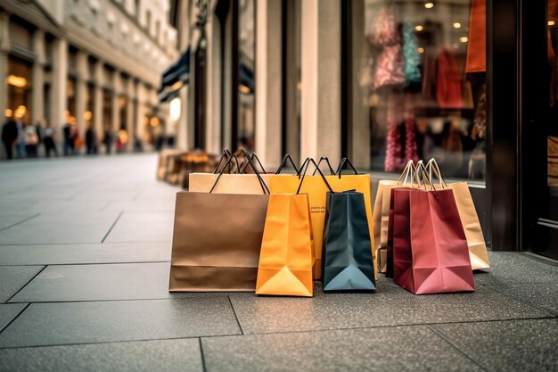 Un ensemble de sacs d'achat colorés avec poignées Sacs d'achat en papier à proximité Jours d'achat