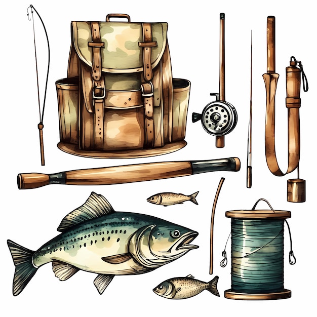 Ensemble de sacs avec des articles de pêche Illustration isolée peinte à la main à l'aquarelle sur fond blanc