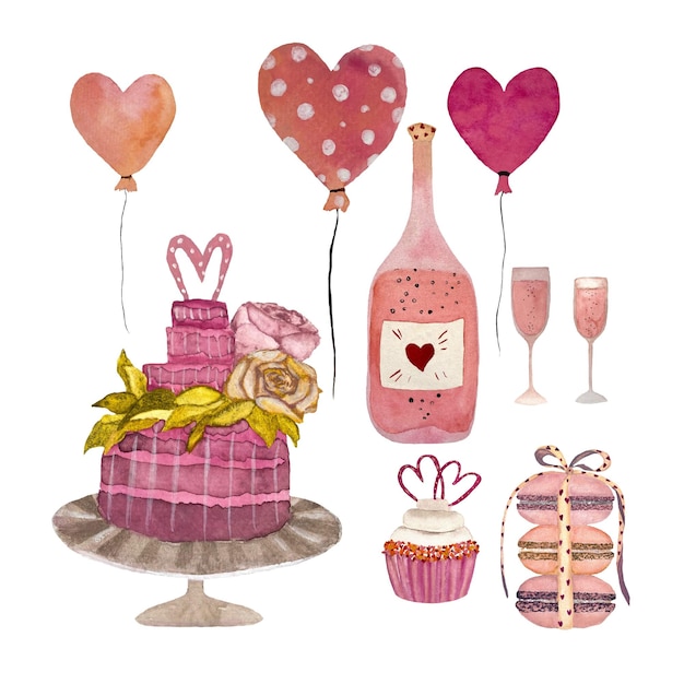 L'ensemble de la Saint-Valentin comprend un gâteau rose. Aussi ballons coeur et bouteille de vin, verres, macarons, cupcake.