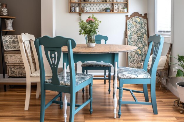 Un ensemble de salle à manger avec des meubles recyclés comprenant des chaises et une table créées avec l'IA générative