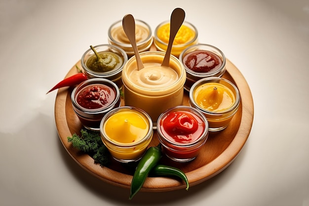 Ensemble de sauces colorées sur planche de bois