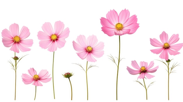 Ensemble de sept fleurs roses Cosmos bipinnatus de différents motifs fond blanc ai générative