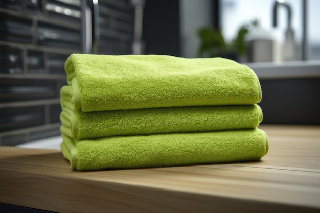 Un ensemble de serviettes éponge vertes pliées se trouve sur une étagère dans la salle de bain