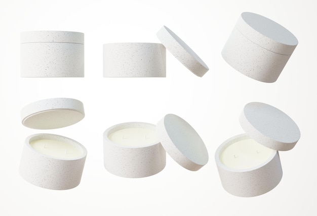Ensemble de six angles différents de bougie contenant deux mèches de coton dans un pot en béton blanc avec couvercle maquette de produit commercial de rendu 3D