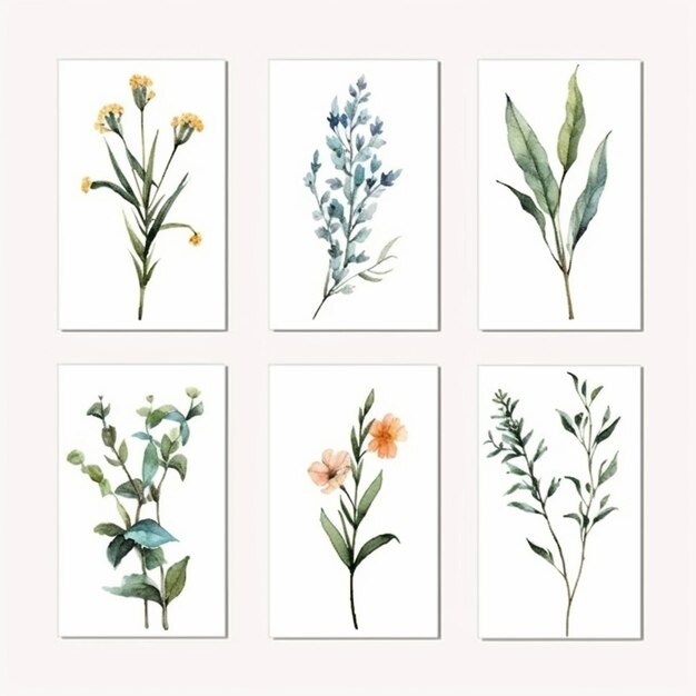 un ensemble de six imprimés floraux à l'aquarelle avec différentes fleurs génératives ai