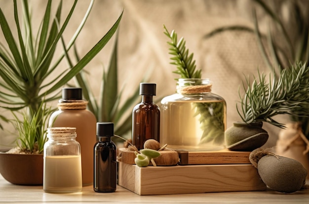 Ensemble de spa avec des bouteilles d'huiles essentielles sur fond de bois AI générative