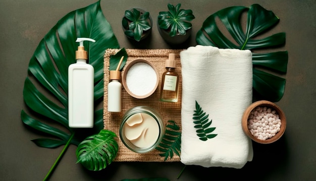 Ensemble de spa de soins de la peau bougie de décoration et serviettes bouteille d'huile et feuilles et fleurs vertes IA générative