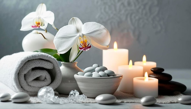 Photo ensemble de spa de soins de la peau bougie de décoration et serviettes bouteille d'huile et feuilles et fleurs vertes ia générative