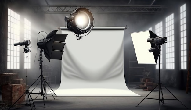 Ensemble de studio photo professionnel avec lumières et arrière-plan