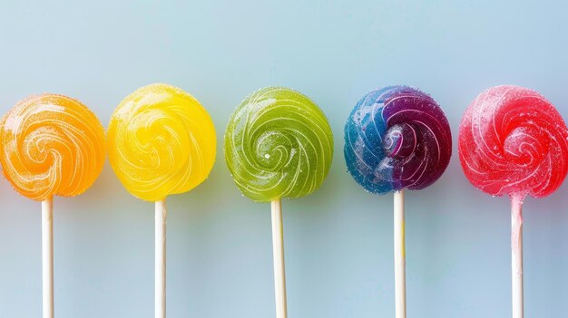 Un ensemble de sucettes aux couleurs de l'arc-en-ciel flottant dans une rangée d'illustration générée par l'IA