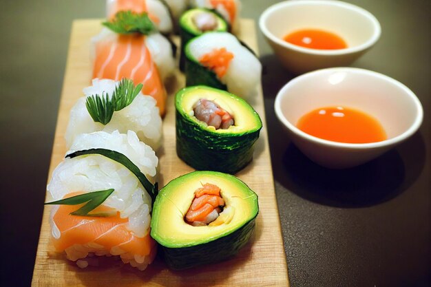 Ensemble de sushi élégant servant sur planche de bois avec sauce et avocat