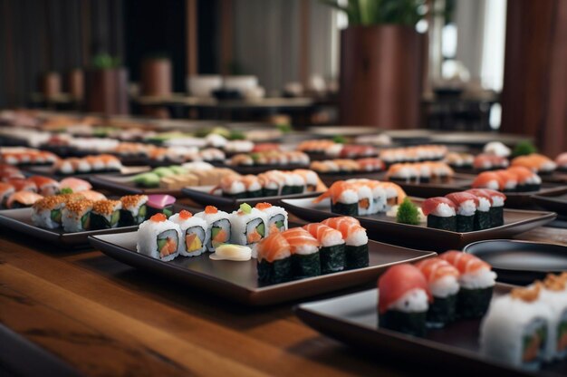 Ensemble de sushis assortis disposés sur une assiette sur une table en bois générée par l'IA