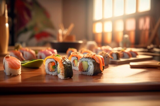 Ensemble de sushis assortis disposés sur une assiette sur une table en bois générée par l'IA