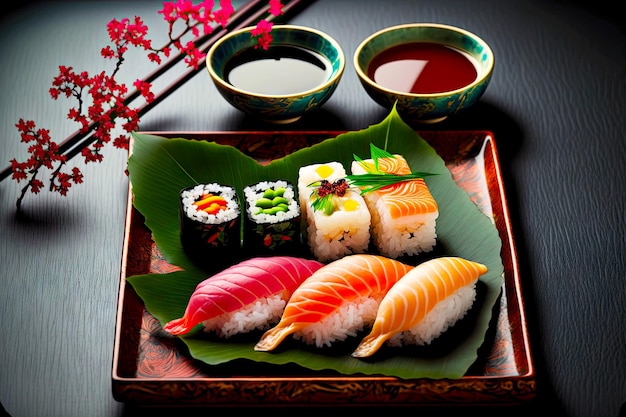 Ensemble de sushis aux traditions japonaises avec riz, saumon, légumes et fruits de mer