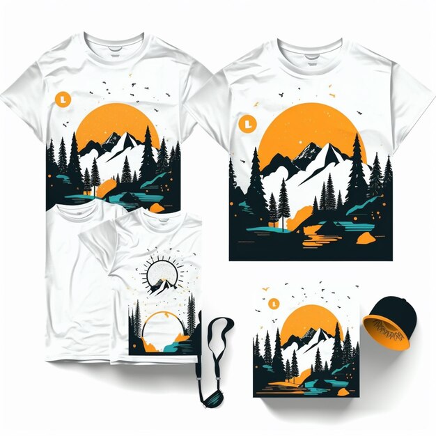 Photo un ensemble de t - shirts avec une montagne et un soleil sur le dessus.