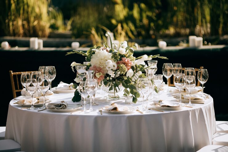 Ensemble de table élégant, décoration de table lors de la cérémonie de mariage dans le jardin d'été, service de restauration en plein air
