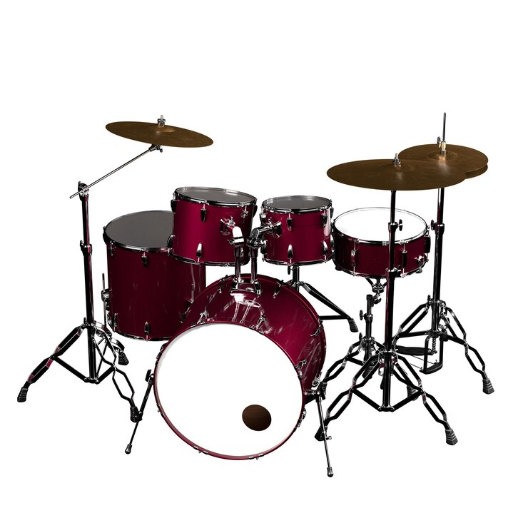 ensemble de tambours complet dans une finition rouge riche présente une batterie basse tambour piège tambour tomtoms et arrangement de cymbales met en évidence la configuration prête pour une performance musicale rendu en 3D