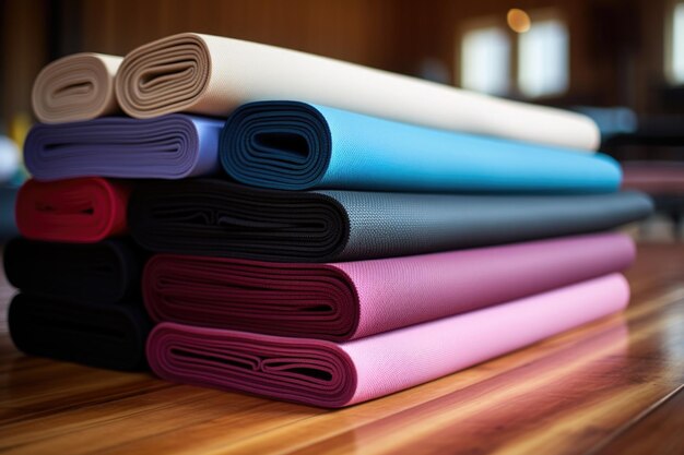 Un ensemble de tapis de yoga soigneusement empilés