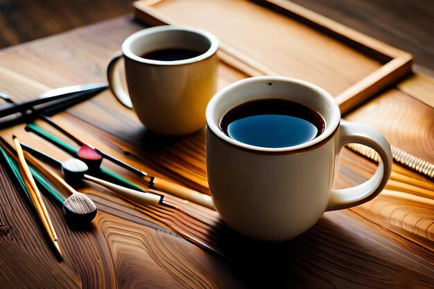 un ensemble de tasses à café avec une brosse et une brosse sur la table