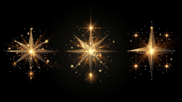 Un ensemble de textures brillantes dorées isolées sur un fond noir Poussière d'étoiles dorée Particules d'ambre en couleur Pluie étincelante Illustration moderne