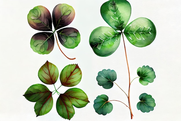 Ensemble de trèfles à quatre feuilles aquarelle Happy St Patrick39s Day mixed media Vector illustration générative réaliste Ai