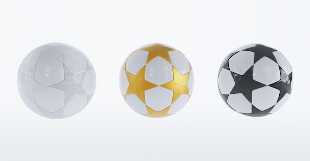 Ensemble de trois ballons de football sur fond blanc rendu 3D