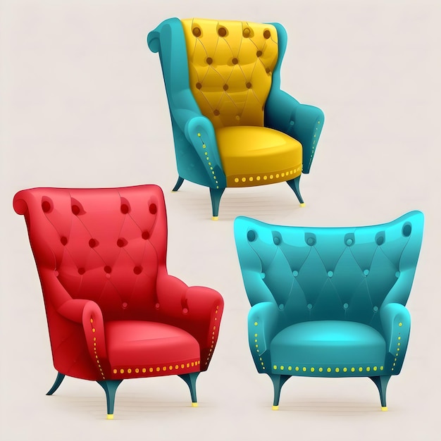 Un ensemble de trois chaises dont une rouge et une bleue.