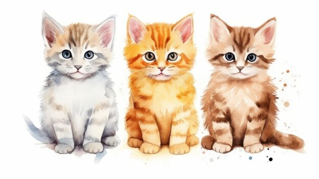 Ensemble de trois chats à l'aquarelle Illustration de personnages de chats générée par l'IA