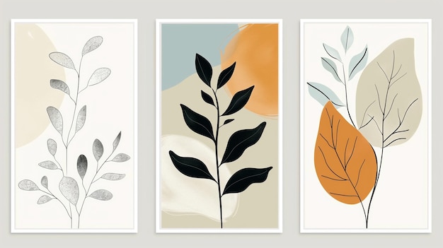 Un ensemble de trois estampes d'art botanique moderne mettant en vedette des illustrations de plantes stylisées avec des arrière-plans abstraits