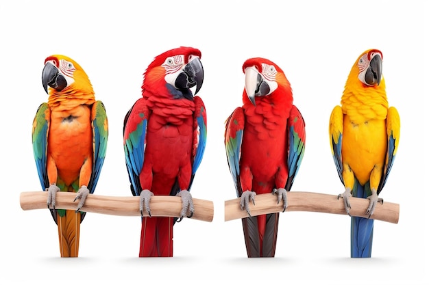 Un ensemble de trois oiseaux, l'ara rouge et le perroquet bleu.