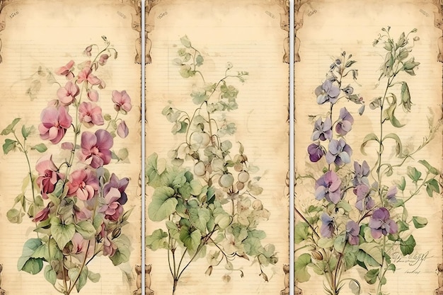 un ensemble de trois peintures avec des fleurs et un cadre