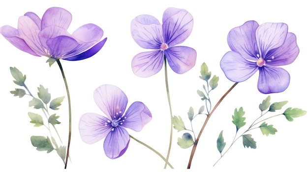 Ensemble de trois pétales violets aquarelles délicats générés par l'IA