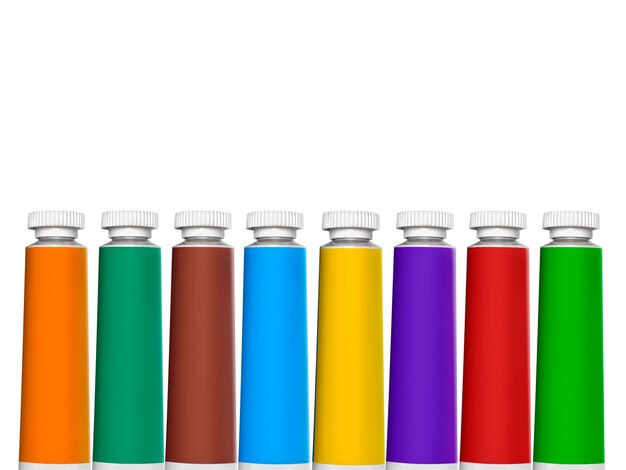Ensemble de tubes colorés avec une peinture sur fond blanc