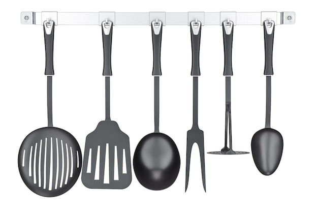 Un ensemble d'ustensiles de cuisine sur une bande de crochet de cuisine rendu en 3D