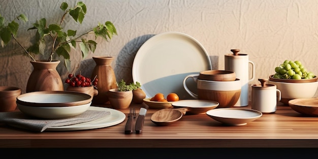 Ensemble de vaisselle de cuisine en céramique et planches à découper en bois sur une table style Eco hom Generative AI
