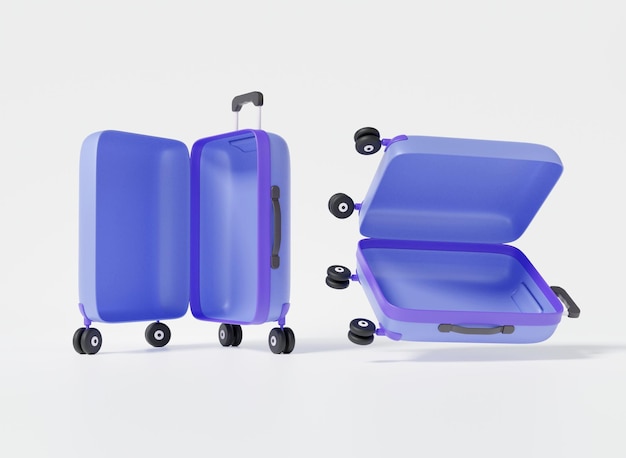 Ensemble de valise vide violet ouvert isolé sur fond blanc voyage Tourisme avion voyage planification tour du monde loisirs tourisme vacances été concept dessin animé minimal bagages 3d render illustrationxA