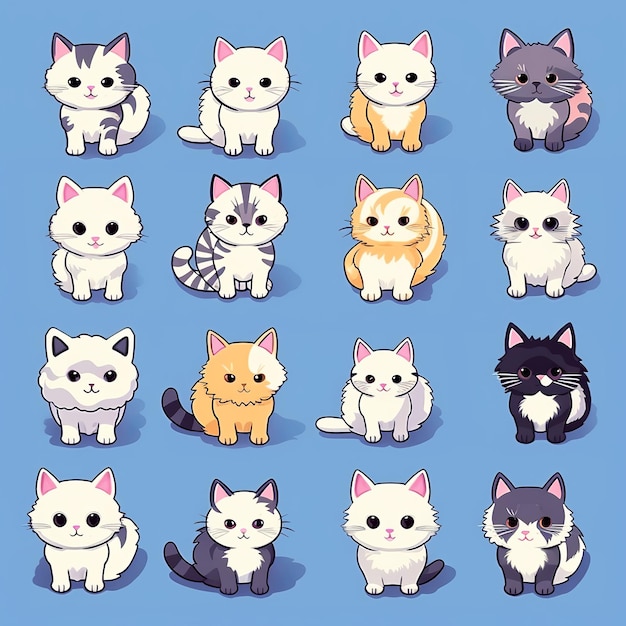 Ensemble de vecteurs de doodle de chats mignons et drôles Collection de conception de personnages de chat ou de chaton de dessin animé avec une couleur plate dans différentes poses