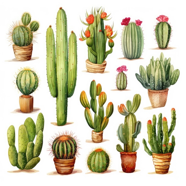 Ensemble vectoriel aquarelle de cactus et de plantes succulentes isolés sur fond blanc