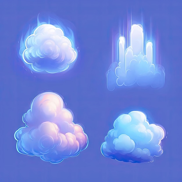 Ensemble vectoriel de nuages de dessins animés de différentes formes et couleurs sur fond bleu