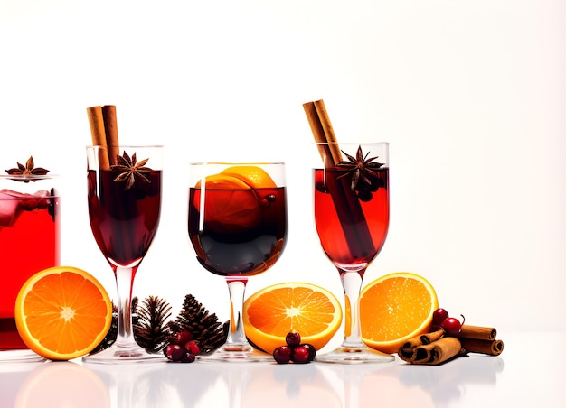 Ensemble de verres remplis de vin chaud sur fond clair espace de copie Boisson chauffante à base de vin rouge Ensemble de boissons au vin rouge chaud avec des épices tranche d'orange cannelle et anis Bannière de vin chaud