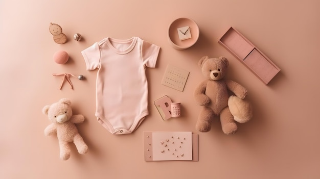 Un ensemble de vêtements pour bébé rose avec un bébé ours et un ours en peluche rose.